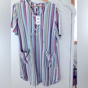NWT Free Assembly Striped Shift Lace-Up Mini Dress Short Sleeves Size XL